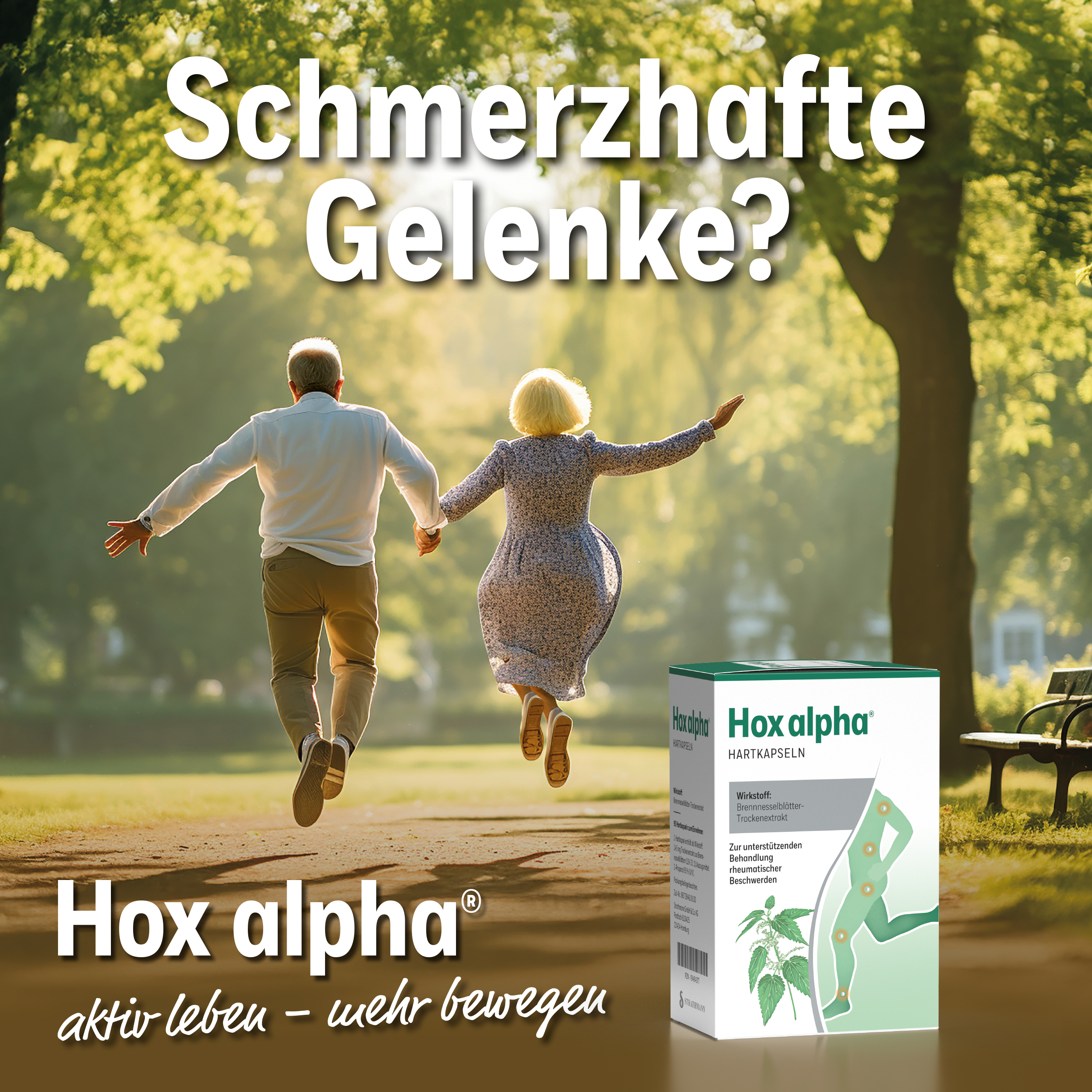 Grafik mit Knie-Illustrationen. Hox alpha® Logo. Text: Pflanzliches Arzneimittel bei Arthrose.